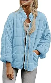 [EdNey] Women's Stand Collar Quilted Zip Puffer Winter Jackets Baggy Short Padded Packable Warm Outwear with Pockets, Light Blue, Small