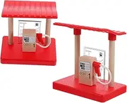 Wooden Railway Station Gas Station Toys Pretend Play Accessory Kit for Boys and Girls