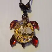 (AMBER) ACRYLIC TURTLE / OCEAN BEACH Pendant Charm Adjustable Rope Necklace
