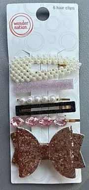 Wonder Nation 6 Pack Hair Clips - Faux Pearls/Bow/Pink/Black, Girls’ Ages 3+ NEW
