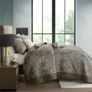 NEW! ~ XXX-L ELEGANT MODERN CHIC BROWN BLUE GREY LEAF FLOOR QUILT BEDSPREAD SET