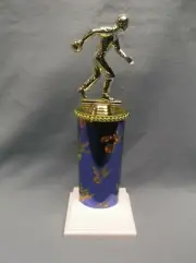 BOWLING male theme blue oval column trophy award weighted white base
