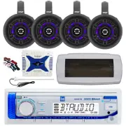 Dual Marine Radio,Cover, Antenna,Amp,Kit, 4x 4" 300W Bluetooth LED Black Speaker