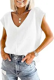 [IDEALSANXUN] Womens Cap Sleeve Sweater Vest Spring Summer Cute Sleeveless Knit Tops, White, Medium