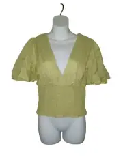 Abercrombie & Fitch Flutter Sleeve Smocked Cropped V Neck Blouse Top Green M (BA