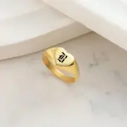 Gold Personalized Vintage Gothic Ring, Custom Initial Signet Ring Gift For Her