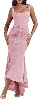 [TACSTRUN] Women's Corset Dress Sexy Tube Top Spaghetti Strap Midi Dress Low Cut Flowy Floral Pleated Hem Formal Dresses