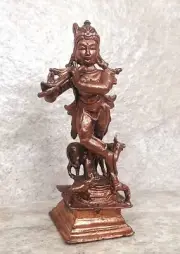Copper Handmade God Krishna Idol Figurine Statue Rich Patina Antique Finish