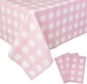 Kesfey 3 Packs Pink Gingham Tablecloth Pink and White Checkered Tablecloths 54 x 108 Inches Disposable Plastic Gingham Tablecovers Waterproof Rectangle Picnic Table Covers for Birthday Party Supplies