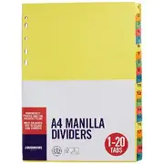 J.Burrows Manilla Dividers A4 1-20 Tab Assorted Colours