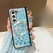 Wrist Strap Weave Leather Magnetic Phone Case for Samsung Galaxy Z Fold 6 5 4 3 5G Hand Rope Hinge Protective Cover,Blue,for Samsung Galaxy Z Fold6