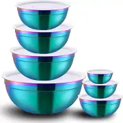 Rainbow Mixing Bowls with Lids Set of 7, Stainless Steel Nesting Bowl with Khaki