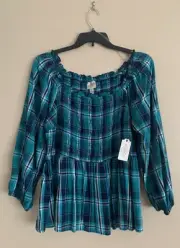 St. John's Bay Women's Plus Plaid Smocked Blouse- 2X Top NWT Green Navy Plaid