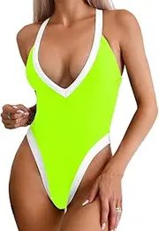 ChiaoLezhee Color Block Swimsuit, Plunge V Neck High Cut, Pool Party Vacation, Sexy Backless One Piece Bathing Suit Cheeky