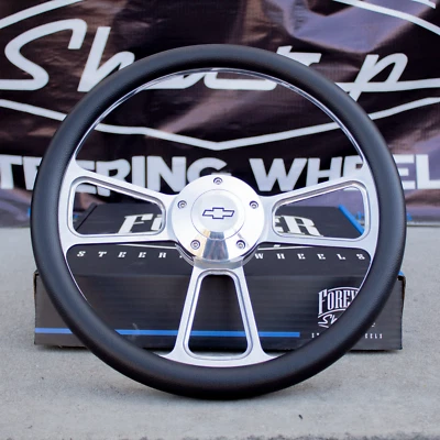 14" Billet Steering Wheel for Chevy - Leather Wrap and Chevy Horn Button