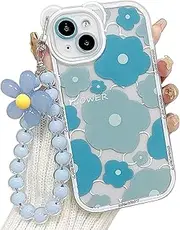 Pretaco for iPhone 14pro Case Clear Blue Floral Bear Camera Lens Case with Lovely Flower Bracelet Chain for Women,Shockproof Cover-Blue