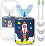 Geacker Kids U Shaped Electric Toothbrush Ultrasonic Automatic Brush with 5 Brush Head Rinse Cup 6 Clean Modes IPX7 Waterproof Whole Mouth Rechargeable Smart Timer Toothbrushes for Children Age 2-7