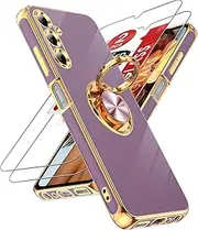 LeYi for Samsung Galaxy A05S Case: with Tempered Glass Screen Protector [2 Pack] 360° Rotatable Ring Holder Magnetic Kickstand, Plating Rose Gold Edge Samsung A05S Case, Purple