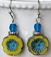 Etched Silver with Green and Turquoise Blue Flower and Crystal Earrings. Bloom