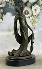 Elegant Woman Holding Mask Bronze Sculpture Marble Base Statue Art Deco Figurine