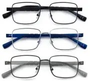 3 Pairs Men Metal Lightweight Reading Glasses - TR90 Temple Square Reader Clear
