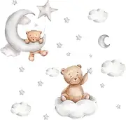 Set of 2 Cartoon Cute Bear Moon and Stars Wall Stickers PVC Stick Wall Sticker Mural Removable Self-Adhesive Wall Decal for Kids Baby Room Bedroom Nursery Playroom Home Decor