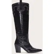 Black Croc Pu Point Toe Western Stitch Knee High Block Heeled Boots, Black