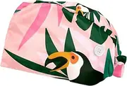[WOSHJIUK] Working Hat 2 Pack Scrub Caps for Women,Pink Background Leaves and Toucan,Tie Back Cap Adjustable Scrub Hat