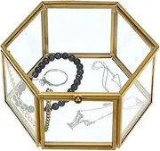 Hipiwe Vintage Glass Jewelry Box - Golden Hexagonal Jewelry Display Organizer Keepsake Box Home Decorative Box Case for Storage Trinket Ring Earring Chest
