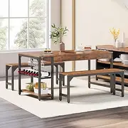[YITAHOME] 63" 3 Piece Kitchen Dining Table Set for 4 with Bench & Storage, Farmhouse Rectangle Dining Room Dinner Table with Wine & Glass Holder for Space Saving, Rustic Brown