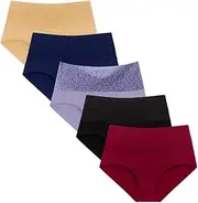 [HEJIGOOD] High Waist Cotton Underwear for Women Full Coverage Breathable Soft Briefs Hipster Panties for Ladies 5 Pack
