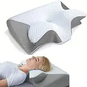 XTICE Ergonomic Memory Foam Cervical Pillow, Butterfly Shape Design, Neck Support for Side Back Stomach Sleepers, White and Grey
