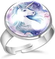[FVQL] Adjustable Ring for Girls, unicorn and clouds pattern floral, 0.67inch/1.7cm, Glass, glass
