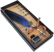 Feather Quill Pen Set Retro Calligraphy Dip Pen 5 Nibs Ink Stationery Gift Blue