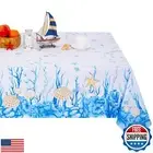 Coastal Tablecloth 55 x 55 Inch Square, Ocean Nautical Table Cloth, Coral Sta