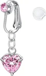 [Briana Williams] Fake Belly Button Ring Non Pierced Clip on Belly Button Navel Ring with Dangle Heart Butterfly Pink