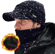 [Comhats] M/L/XL Men's Winter Set Merino Wool Hat with Peak and Ski Tube Scarf, Wool Hat with Peak and Fleece Neck Warmer, Set_Black-Blue, Large