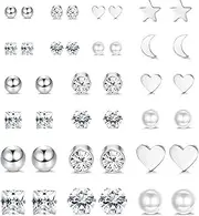 [Kakonia] 15-21 Pairs Stainless Steel Stud Earrings for Women Huggie Hoop Earrings Cartilage Earring Hypoallergenic CZ Earrings Studs Pearl Stud Earrings Silver Star Round Ball Stud Earrings Set