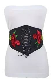 Women Black Denim High Waist Corset Elastic Day Night Wear Belt Red Flower S M