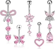 [KkvoGmle] 5PCS Belly Button Bars, Pink Gem Belly Button Rings Stainless Steel Belly Button Piercing Flower Butterfly Heart Bow Navel Piercing Jewelry for Womens Girls, 10*6*1CM, Stainless steel,