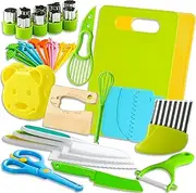 Rstigiker 46 Pcs Kids Kitchen Set, Kitchen Toy for Toddlers, Pretend Cooking Set Montessori Playset for Boys & Girls with Safe Knives/Fruit Cutters Shapes/Kids Cutting Board/Peeler/Crinkle Cutter