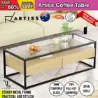 Artiss Coffee Table Glass Tabletop Table 2 Drawers Storage Shelf Pine
