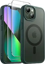 JETech 3 in 1 Magnetic Case for iPhone 13 6.1-Inch with 2-Pack Tempered Glass Screen Protector, Compatible with MagSafe, Translucent Matte Back Shockproof Phone Cover (Dark Green)