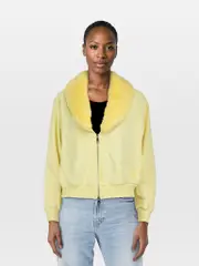 Yellow Faux Fur Collar Zip Jacket