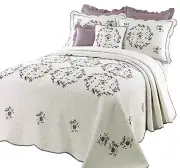 BEAUTIFUL WHITE GREEN PURPLE LAVENDER FLORAL QUILT BEDSPREAD XL OVER SIZED KING