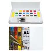 A4 Watercolour Paper 300gsm + Paint Pan Set with Palette & Brushes Pack