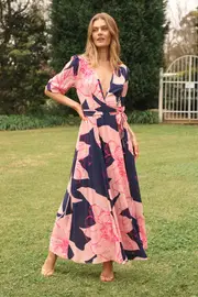 Ronda Maxi Wrap Dress Half Sleeve in Navy With Blush Flower Print 8