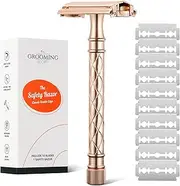 The Grooming Society Women's Double Edge Safety Razor, Long Handled Butterfly Rotary Open Shaver, 10 Blades Zero Waste Razor (Dumb Gold)