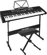 ALPHA 61 Keys Electronic Piano Keyboard Portable Digital Keyboard with Audio Input, Microphone Input, Headphone Output, Tones Rhythms LED Electric Holder Music Stand Adaptor Power