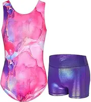 [Nokecina] Gymnastics Leotards for Girls Sparkly Tumbling Bodysuits with Shorts Athletic Activewear Sleeveless Dance Outfit